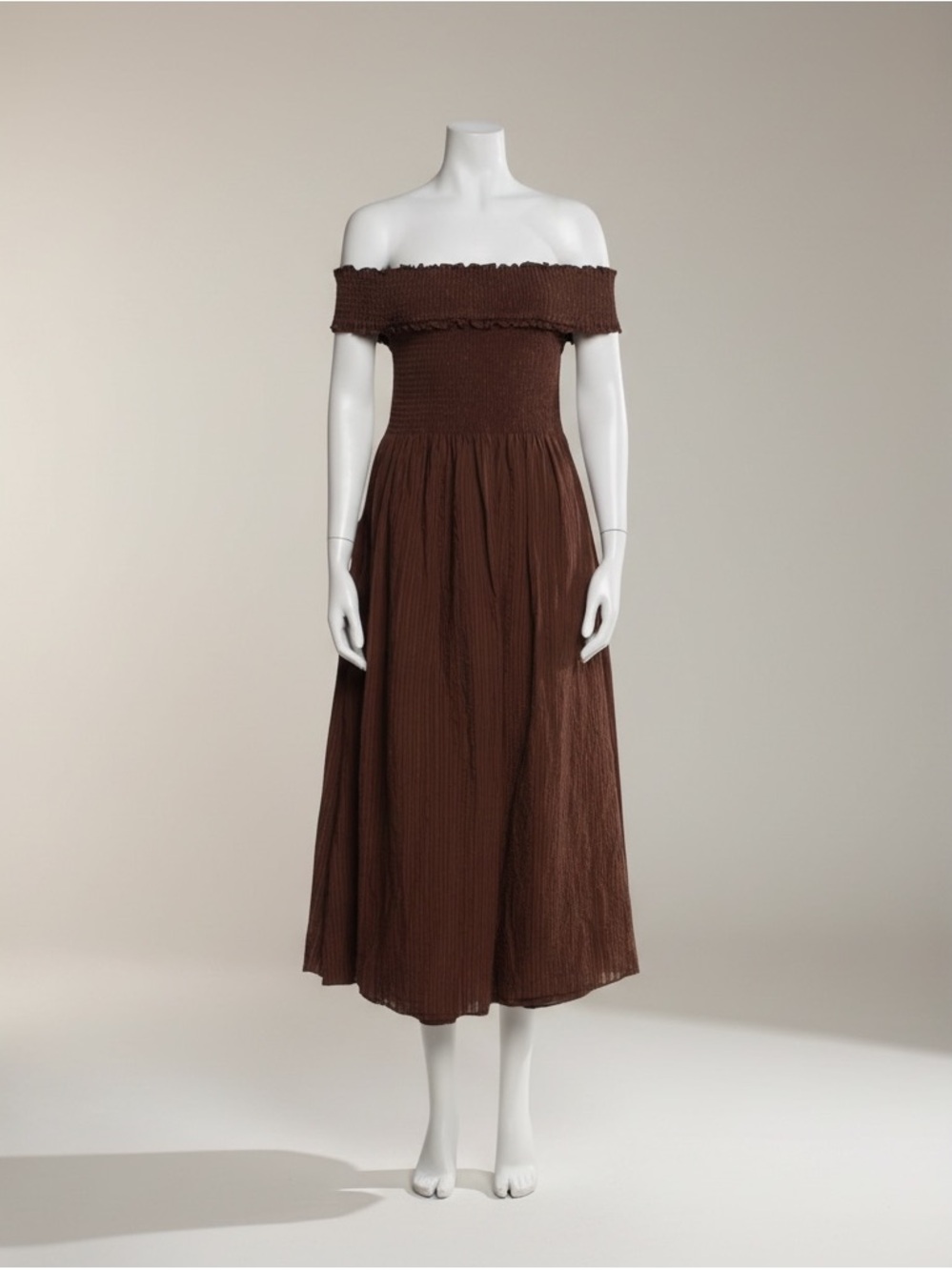 Hill House Home The Nap Dress Brown Off-the-Shoulder Smocked Midi Dress Size S